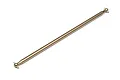 A gold-coloured aluminium centre driveshaft for an RC car, featuring ball-joint ends with cross pins, isolated against a white background.