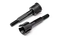 Two black metal RC wheel axles with threaded ends and drive cups, isolated on a white background.
