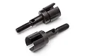 Two black metal RC wheel axles with threaded ends and slotted drive cups, isolated on a white background.