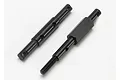 Two black metal RC drivetrain shafts, one with a threaded end and hexagonal section, on a white background.