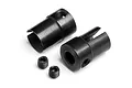 Two black metal RC centre drive cups and two small grub screws on a white background.