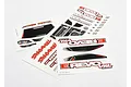 Three sheets of Traxxas E-Revo VXL decals featuring logos, numbers, and body graphics on a white background.