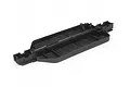 A black molded plastic RC car chassis tub shown from a high-angle perspective against a white background.