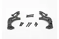 Traxxas wing mount set including two black plastic wing mount brackets and a collection of metal mounting screws on a white background.