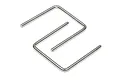Two silver-coloured metal hinge pins for RC cars, one bent into a U-shape and one straight, isolated on a white background.