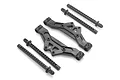A set of black plastic RC car parts including two body posts and two suspension arm-like mounts on a white background.