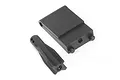 A black plastic battery tray post and a matching mounting block for Maverick RC vehicles.