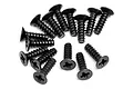 A collection of fifteen black metal countersunk head self-tapping screws arranged on a white background.
