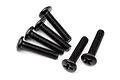 A set of six black metal button head screws with a Phillips drive, arranged on a white background.