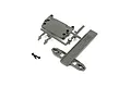 ECX battery hold down and ESC mounting plate parts on a plastic sprue with a single screw on a white background.