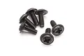 A group of six black metal washer head screws with Phillips drive heads arranged on a white background.