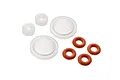 A set of RC shock rebuild parts including two white plastic spacers, two white plastic shock caps, and four small red rubber O-rings on a white background.