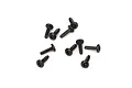 A group of seven black button head screws with coarse threads arranged on a white background.