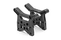 Two black plastic RC shock towers for Maverick vehicles, shown from a slightly elevated angle against a white background.