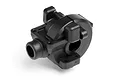 A black plastic RC gearbox case component for Maverick RC vehicles, shown from a high-angle studio perspective.