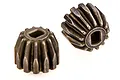 Two metal differential bevel gears for an RC car, shown from different angles against a white background.