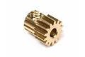 A brass 14-tooth pinion gear for RC cars against a white background.