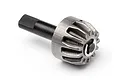 A metal 13T bevel gear attached to a black drive shaft with an e-clip, isolated on a white background.