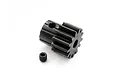 A black metal 13-tooth pinion gear with a small grub screw placed on a white background.
