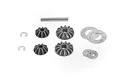 A set of Maverick RC differential bevel gears including two large gears, two small gears, a metal shaft, two e-clips, and four washers on a white background.