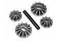 Maverick differential gear set containing four metal bevel gears and one black metal cross pin on a white background.