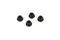 Four black steel flanged nyloc nuts arranged on a white background.