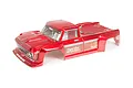Metallic red ARRMA Outcast 8S RC truck body shell with wood-grain side decals on a white background.