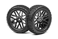 Two black RC buggy front wheels with 8-spoke gloss black rims and knobby off-road tires, isolated on a white background.