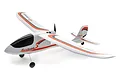 HobbyZone Mini AeroScout RC plane in white with orange and grey trim, featuring a pusher propeller configuration and tricycle landing gear.