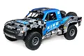 Losi Super Baja Rey 2.0 8S 4X4 RC short course truck in blue and grey camo livery with King Shocks branding on a white background.