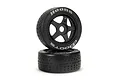 Two ARRMA dBoots Hoons belted RC car wheels with black 5-spoke rims and silver lettering on a white background.