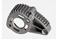Traxxas aluminium finned motor mount for RC vehicles, showing the grey metal casting with cooling fins and mounting holes.