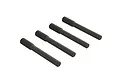 Four black metal grub screws with threaded ends arranged diagonally on a white background.