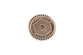 A studio shot of an Axial metal spur gear with a bronze-toned finish against a white background.