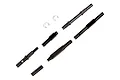 Axial transmission drive shaft set including various black metal shafts, pins, and e-clips on a white background.