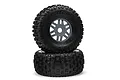 Two ARRMA dBoots Fortress short course RC tyres mounted on gunmetal grey multi-spoke wheels, stacked vertically against a white background.