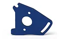 A blue anodized aluminium motor plate for Traxxas RC vehicles, featuring a central motor shaft hole and mounting slots.
