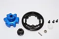 GPM Racing 15T pinion gear and 55T spur gear set with a blue aluminium gear adapter and mounting hardware on a white background.