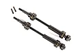 Two Traxxas Extreme Heavy Duty steel-spline front CV drive shafts with two small grub screws on a white background.