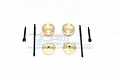 GPM Racing RC upgrade kit featuring two metal drive shafts, two smaller metal shafts, and four brass pendulum wheel hub weights with 15g markings.