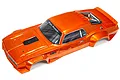 ARRMA 1/7 Felony 6S BLX RC car body shell in metallic orange, featuring a muscle car design with black window decals and hood details.
