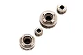 A set of four metal internal drive gears for an RC vehicle, arranged diagonally on a white background.