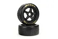 Two ARRMA dBoots Hoons belted RC car wheels with black 5-spoke rims and gold lettering on a white background.
