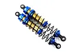 Two Yeah Racing 100mm big bore RC shock absorbers with blue anodized aluminum caps and collars, gold bodies, and black springs.