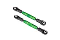 Two green anodized aluminium turnbuckles with black plastic rod ends on a white background.