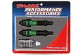 Traxxas GTR long shock absorbers in green aluminium, packaged with shock oil in a blister pack.