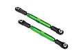 Two green anodized aluminium RC turnbuckles with black plastic rod ends on a white background.