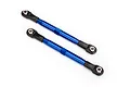Two blue anodized aluminium toe linkages with black plastic rod ends and metal pivot balls on a white background.