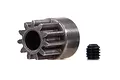 A metallic 11-tooth pinion gear and a small black grub screw isolated on a white background.