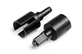 Two black metal differential outdrive cups for RC cars, shown from different angles on a white background.